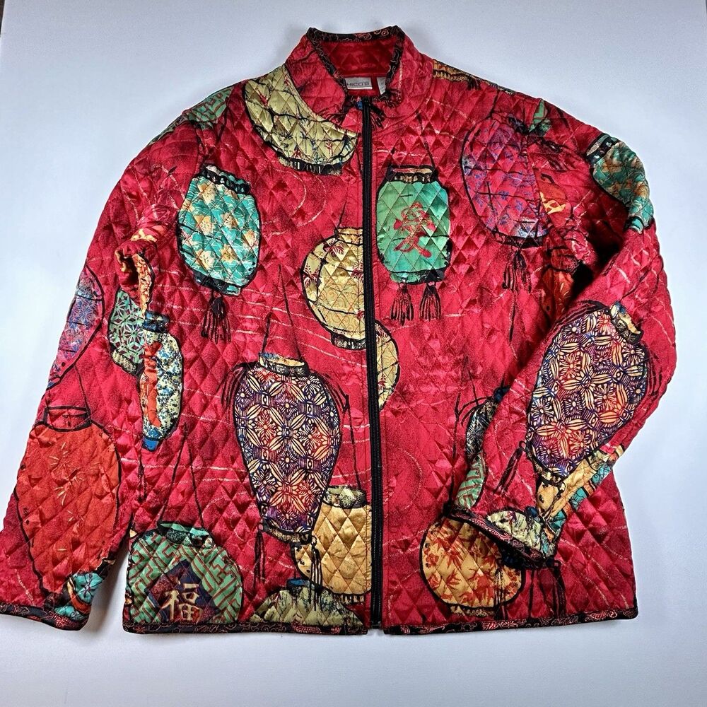 Chico's Silk Quilted Jacket Womens Sz 2 (L) Red Chinese Lantern Print Zip Front